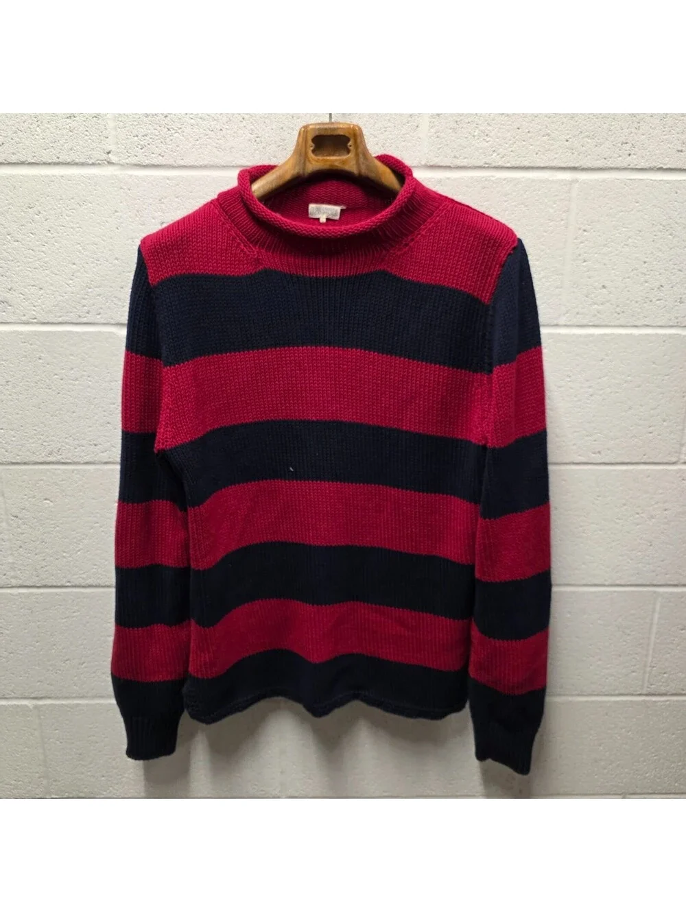 Quaker Marine Supply Fishermans Sweater Roll Neck Mens L Navy red Chunky 22.5x29